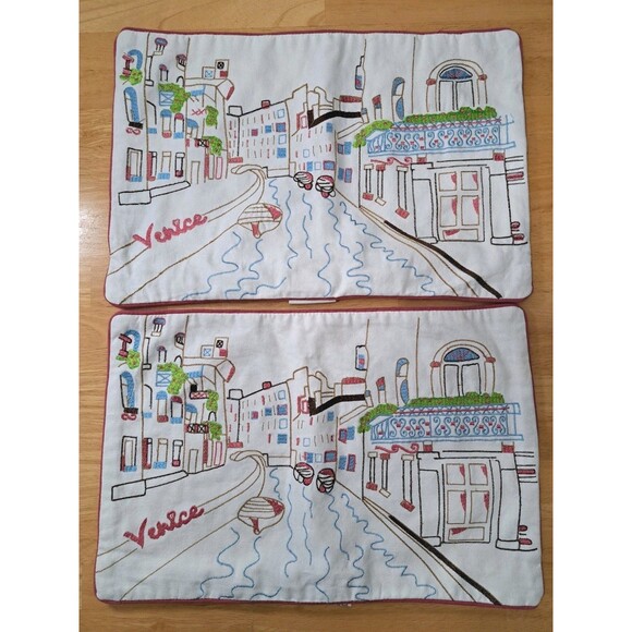 2 Embroidered Throw Pillow Covers Venice Canal Scene Cotton 18” x 12” NWT - Picture 1 of 10